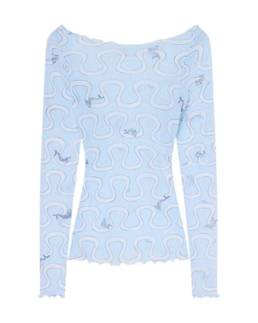 Emilio Pucci Blue Onda Print Tulle Top