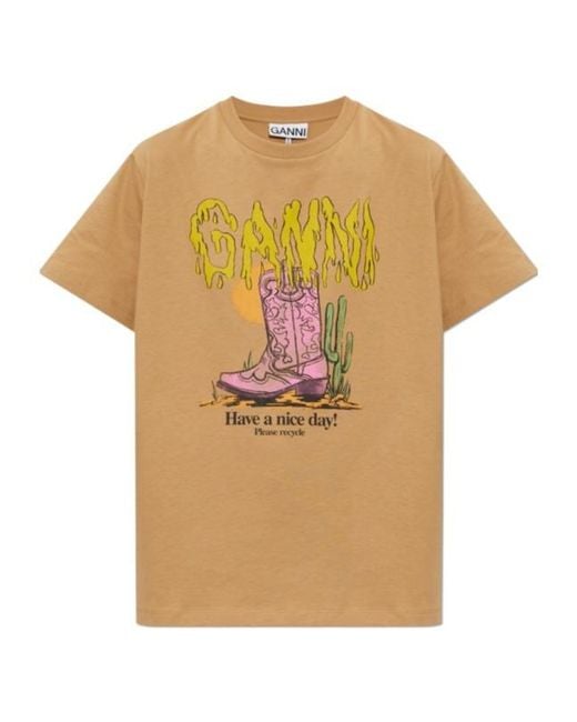Ganni Natural Graphic Printed Crewneck T-Shirt