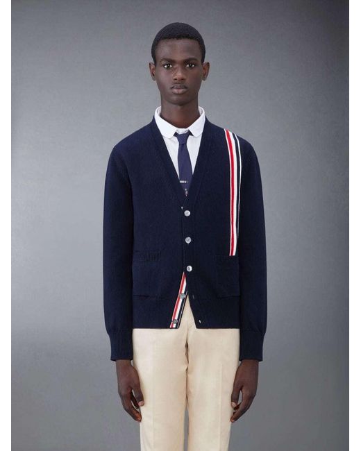 Thom Browne Blue Rwb Striped V-Neck Knitted Cardigan for men
