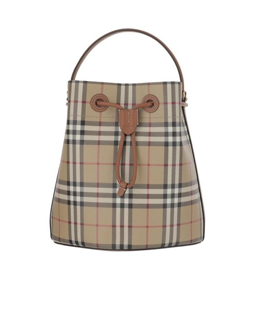 Burberry Gray Checked Drawstring Bucket Bag