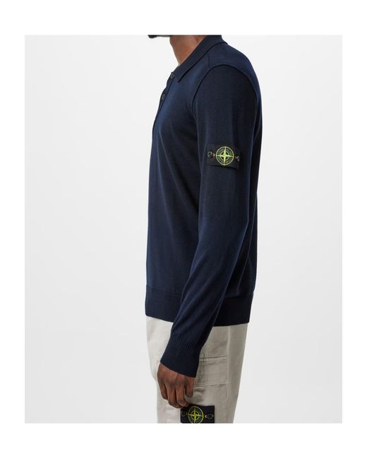 Stone Island Blue Button Wool Polo Shirt for men