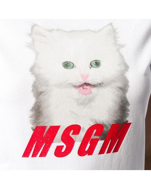MSGM White Cat Printed Logo Short-Sleeved T-Shirt