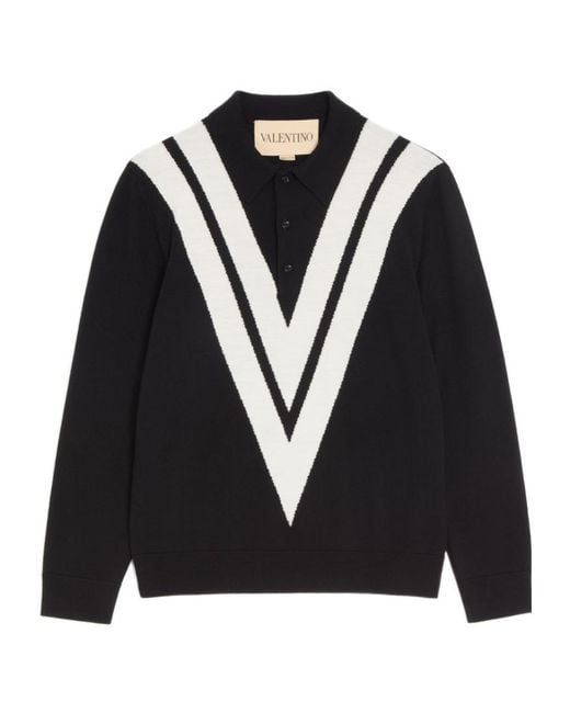 Valentino Black Wool Polo Shirt With Inlaid V for men
