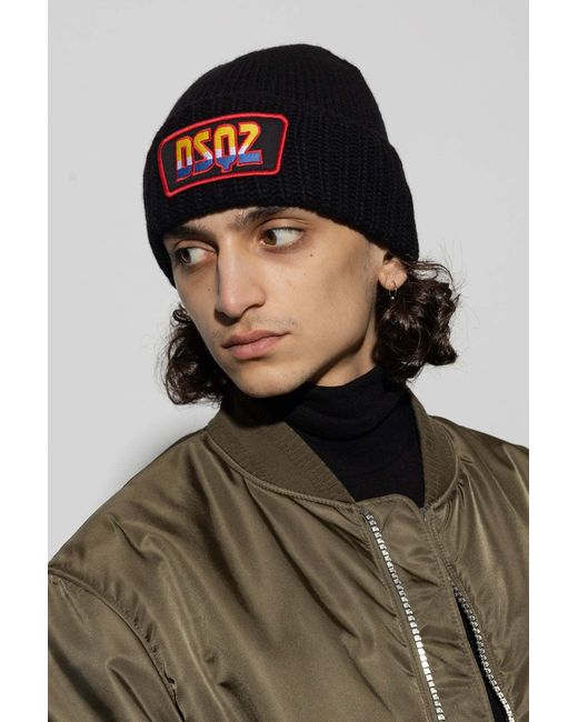 DSquared² Black Logo Patch Beanie for men