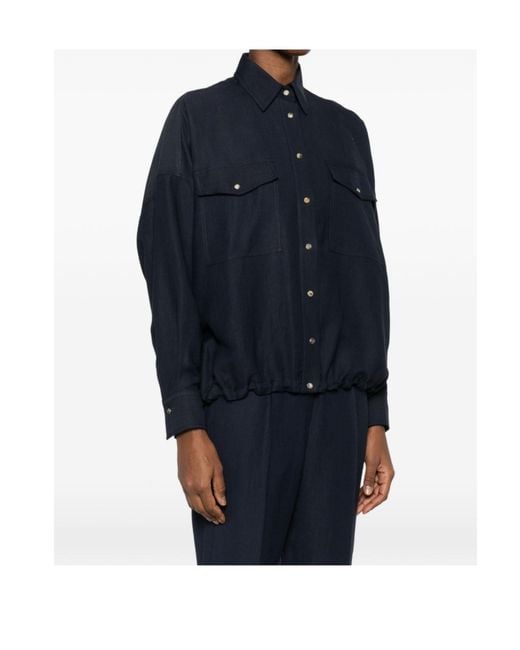 Brunello Cucinelli Blue Chest-Pocket Elasticated-Hem Shirt