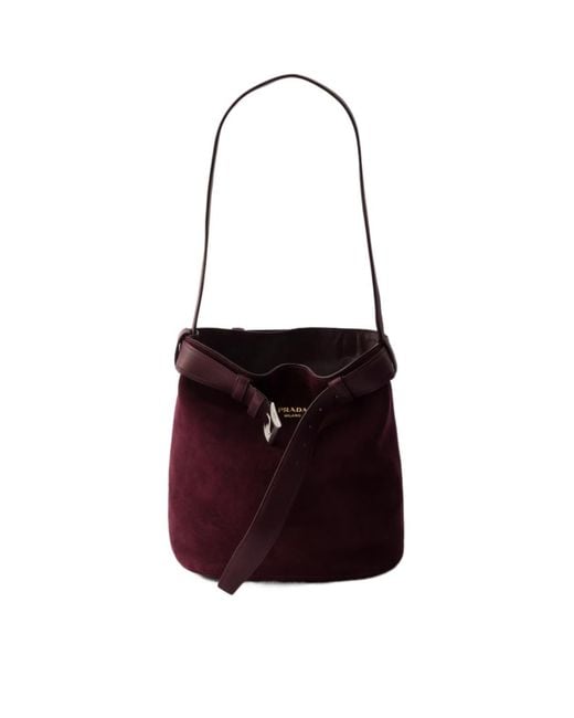 Prada White Buckle Belted Suede Bucket Bag