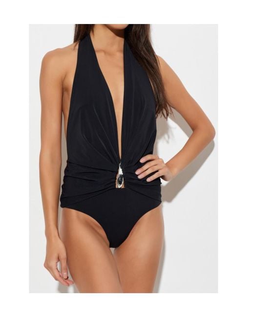 Christopher Esber Blue Stone-Embellished Ruched Swimsuit