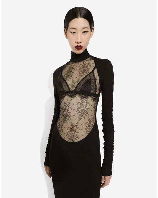 Dolce & Gabbana Black Lace-Panel Midi Dress