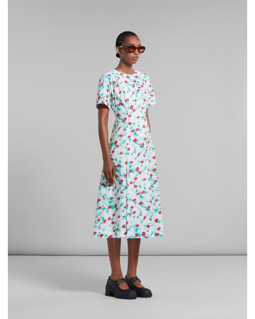 Marni Blue Floral Printed Short-Sleeved Midi Dress