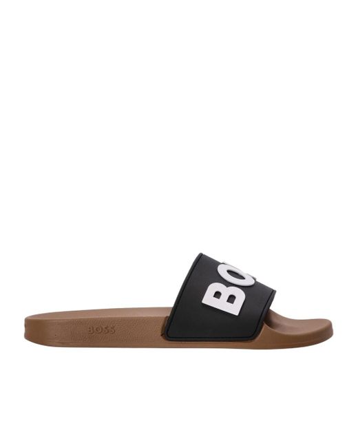BOSS Logo-Embossed Slides in Brown for Men | Lyst