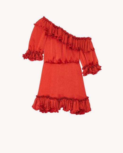 Saint Laurent Red Silk Ruffled Mini Dress