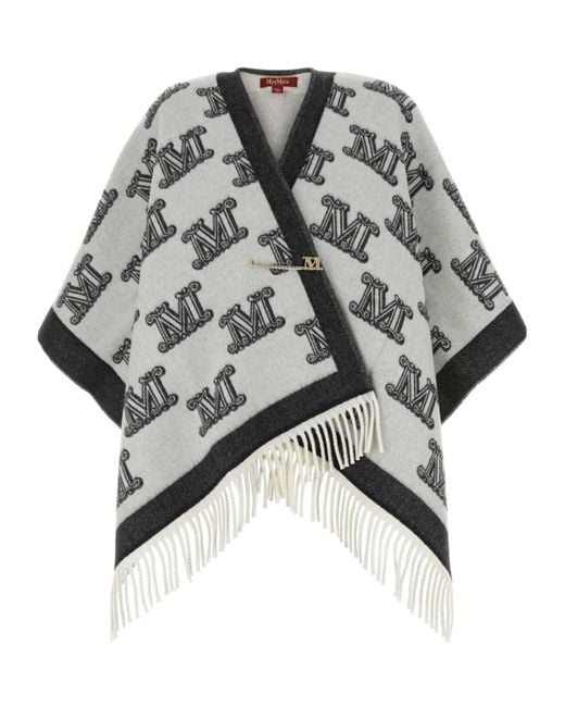 Max Mara Gray Studio All-Over Logo Patterned Fringed Cape