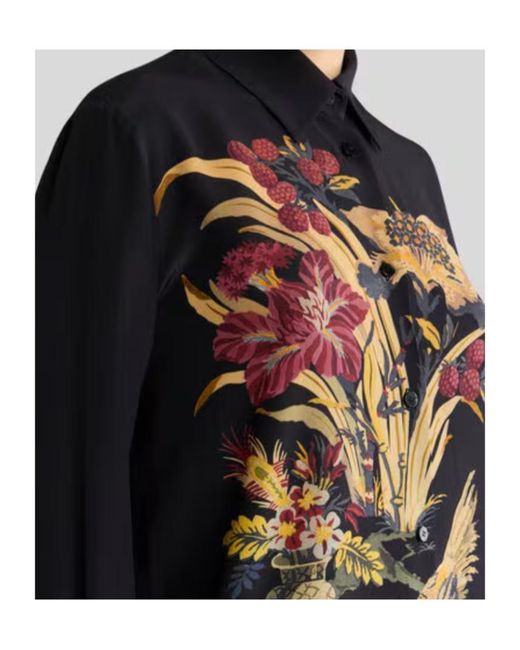 Etro Black Silk Shirt With Placed Front Print
