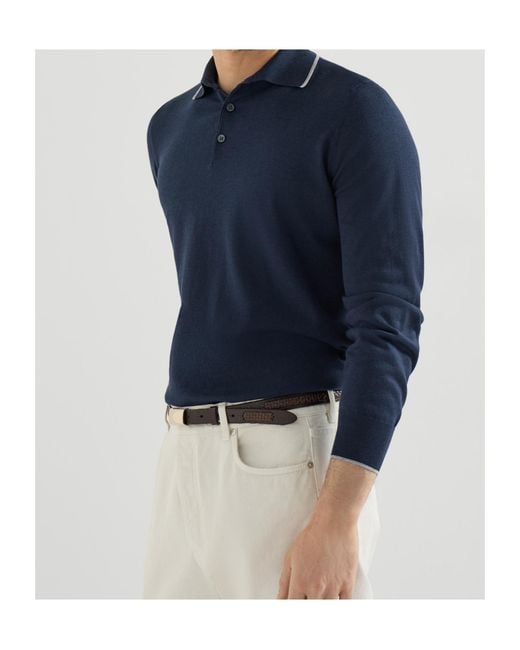 Brunello Cucinelli Blue Sea Island Cotton And Cashmere Lightweight Knit Polo for men