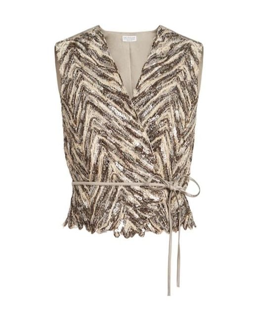 Brunello Cucinelli Natural Sequin-Embellished V-Neck Vest