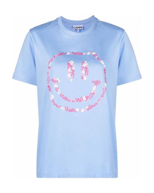 Ganni Blue Smiley Crewneck T-Shirt
