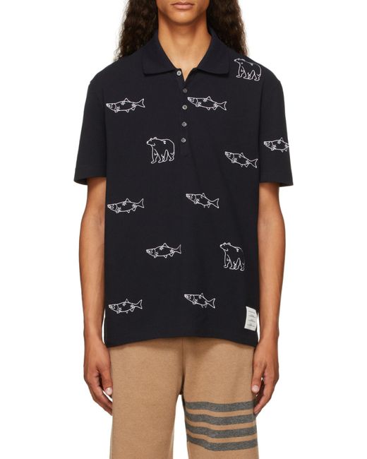 Thom Browne Blue Bear Fish Embroidered Polo Shirt for men