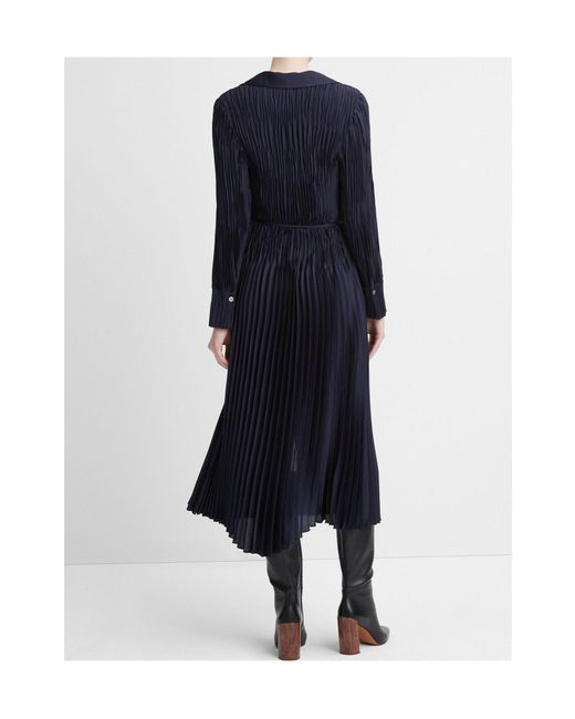 Vince Blue Long-Sleeve Pleated Shirtdress