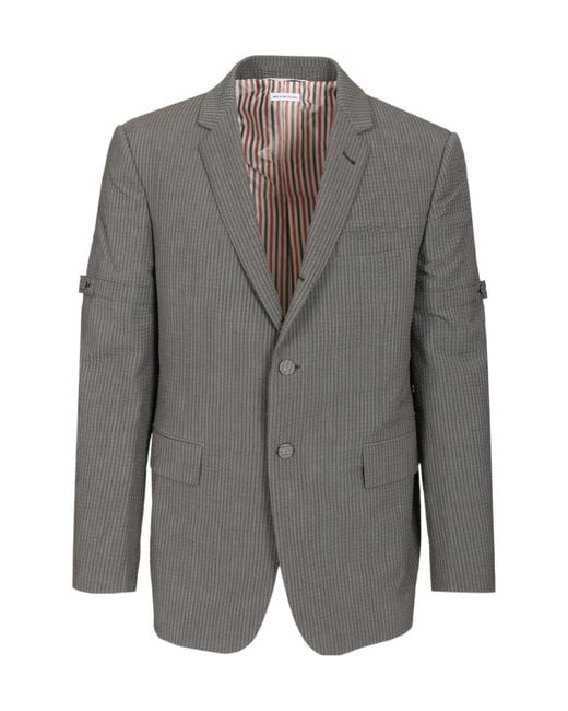 Thom Browne Gray Wide Shoulder Seersucker Blazer for men