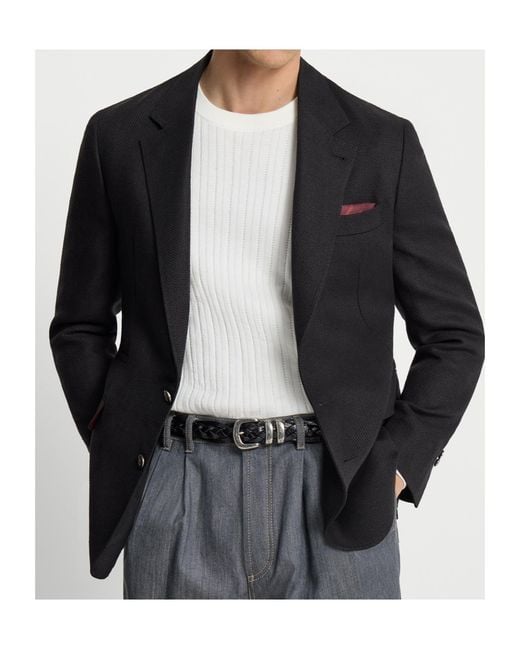 Brunello Cucinelli Black Silk, Linen And Wool Hopsack Deconstructed Blazer With Metal Buttons for men