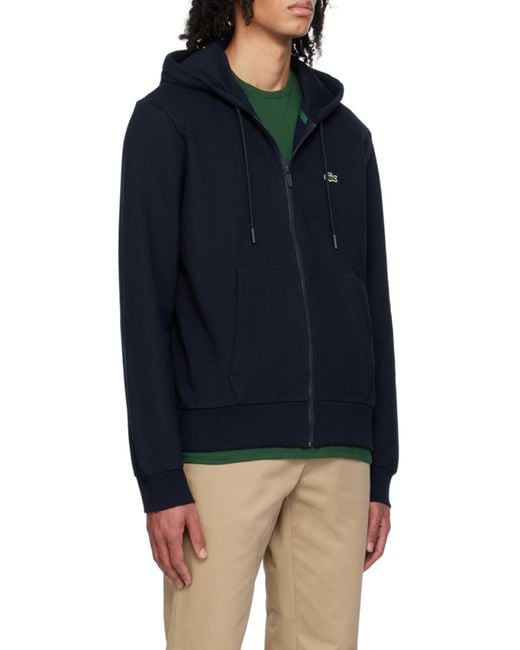 Lacoste Blue Logo Patch Zip-Up Drawstring Hoodie for men