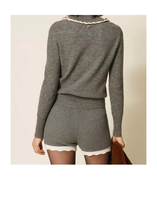 Twinset Gray Knitted Shorts With Scalloped Details
