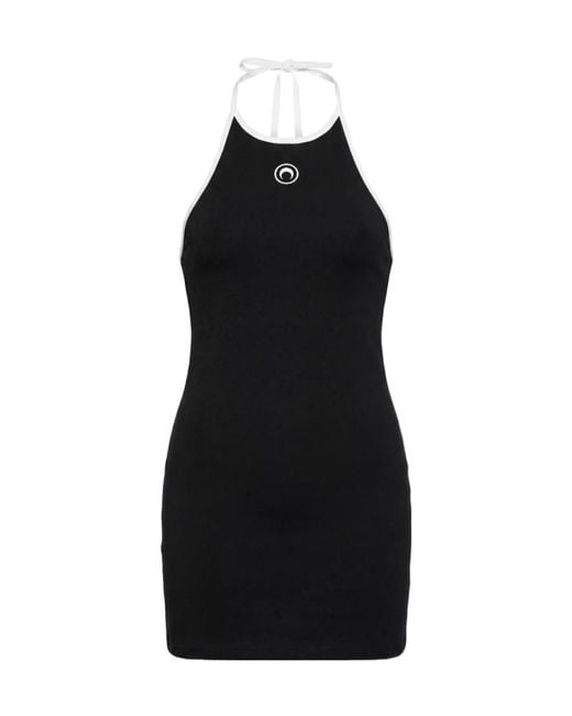 MARINE SERRE Black Moon Logo Ribbed Jersey Halter Short Dress