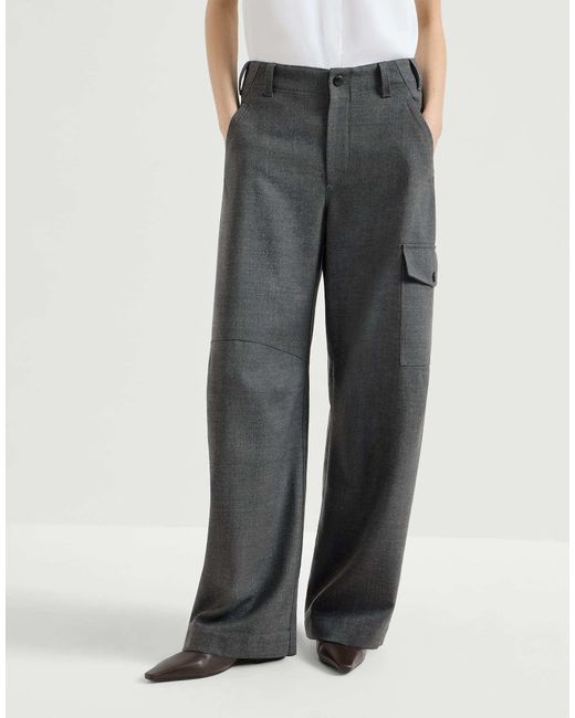 Brunello Cucinelli Gray Virgin Wool Twill Cargo Barrel Trousers With Monili