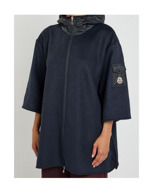 Moncler Blue Hooded Shell And Wool-Blend Cape Coat