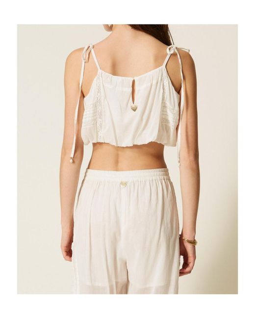 Twinset White Lace Tie-Shoulder Cropped Top