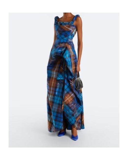 Vivienne Westwood Blue Chichi Draped Plaid Maxi Dress