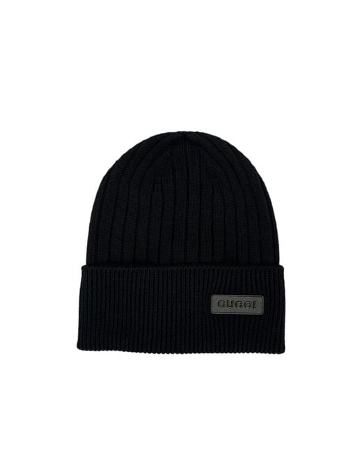 Gucci Black Logo Patch Ribbed Beanie for men