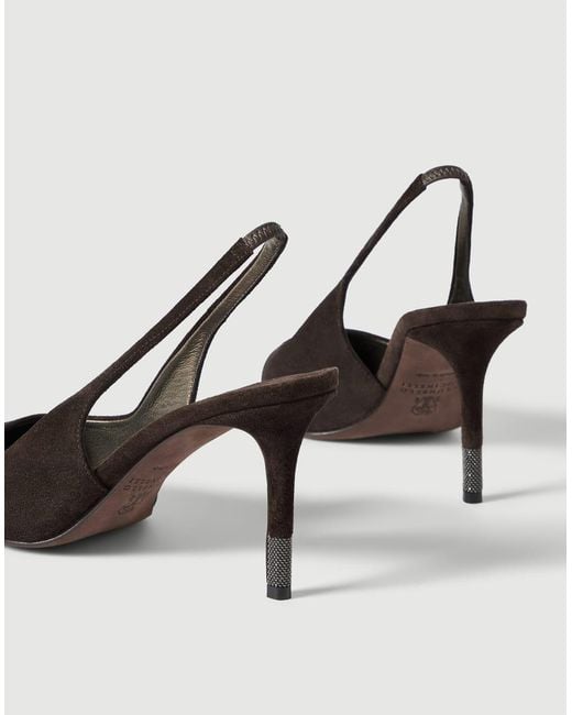 Brunello Cucinelli Brown Suede Slingback Heels With Monili