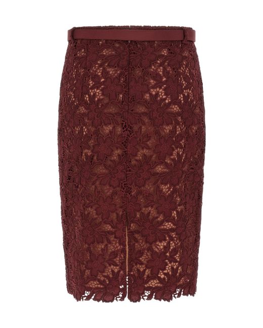 Self-Portrait Red Guipure Lace Midi Skirt