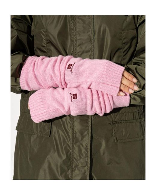 Ganni Pink Logo Long Fingerless Gloves