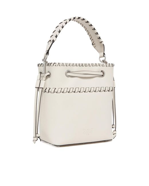 Pinko White Small Leather Bucket Bag With Threaded Detailing