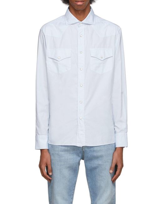 Brunello Cucinelli Blue Flap Pockets Buttoned Shirt for men