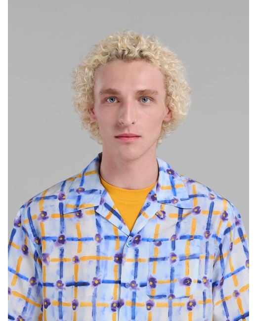 Marni Blue Light Habotai Silk Bowling Shirt With Saraband Print for men