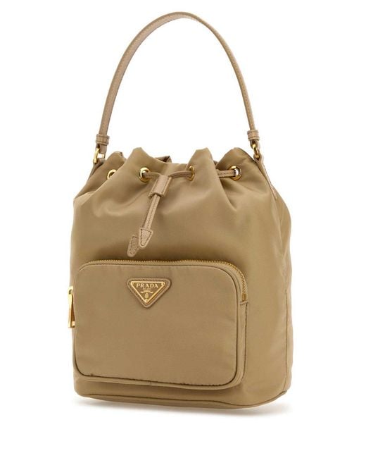 Prada Natural Re-Nylon Triangle-Logo Drawstring Bucket Bag