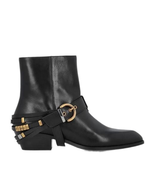 Pinko Black Buckle-Detail Leather Ankle Boots