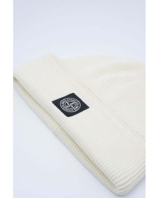 Stone Island White Compass Logo Patch Beanie for men