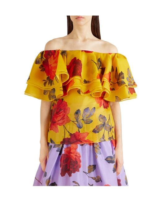 Carolina Herrera Yellow Off-The-Shoulder Ruffled Floral-Print Silk-Organza Top