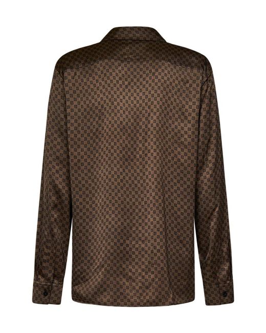 Balmain Brown Monogram-Print Satin Shirt for men
