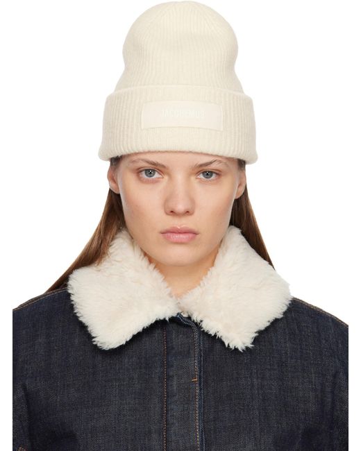 Jacquemus White 'Le Berret Gros Grain' Beanie With Logo Patch On The Front And Ribbed Knit for men