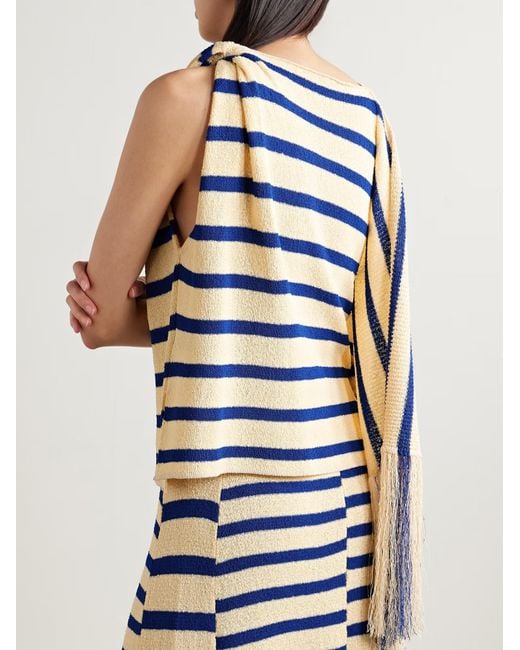 Proenza Schouler Blue Yves Asymmetrical Fringe Striped Knit Sweater
