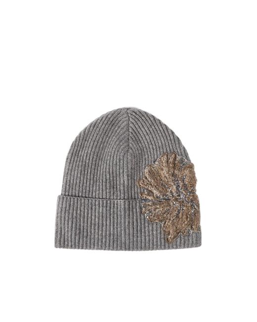 Brunello Cucinelli Gray Cashmere Ribbed Beanie With Whispering Bloom Embroidery