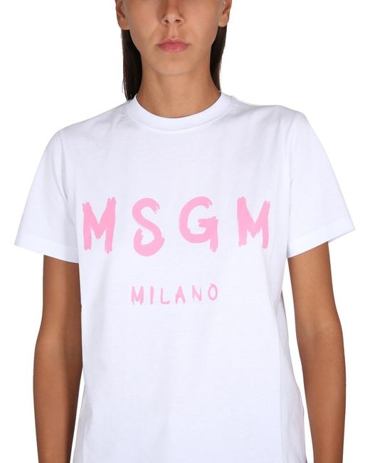 MSGM White Logo Printed Crewneck T-Shirt
