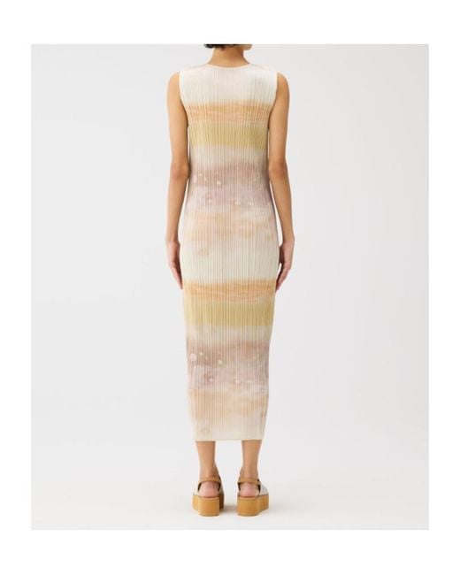 Pleats Please Issey Miyake Natural Pleated Abstract-Print Midi Dress