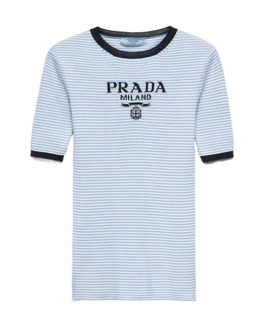Prada Blue Striped Silk Crew-Neck Sweater