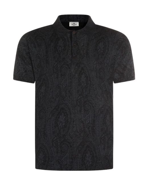 Etro Black Floral-Paisley Short-Sleeved Polo Shirt for men